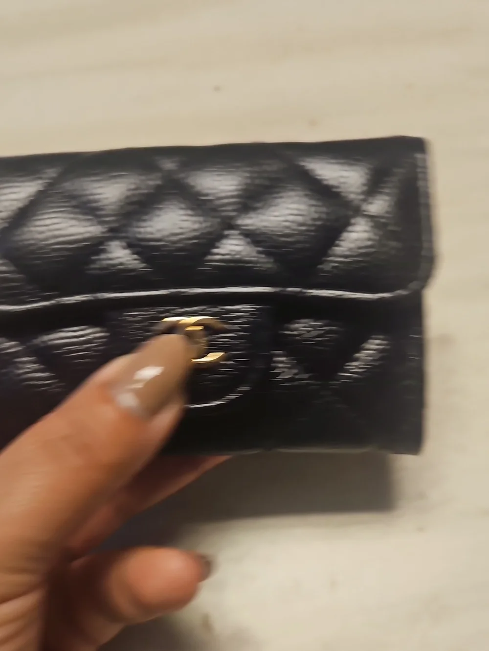 Black Quilted Faux Leather Wallet with Gold Hardware - Women's